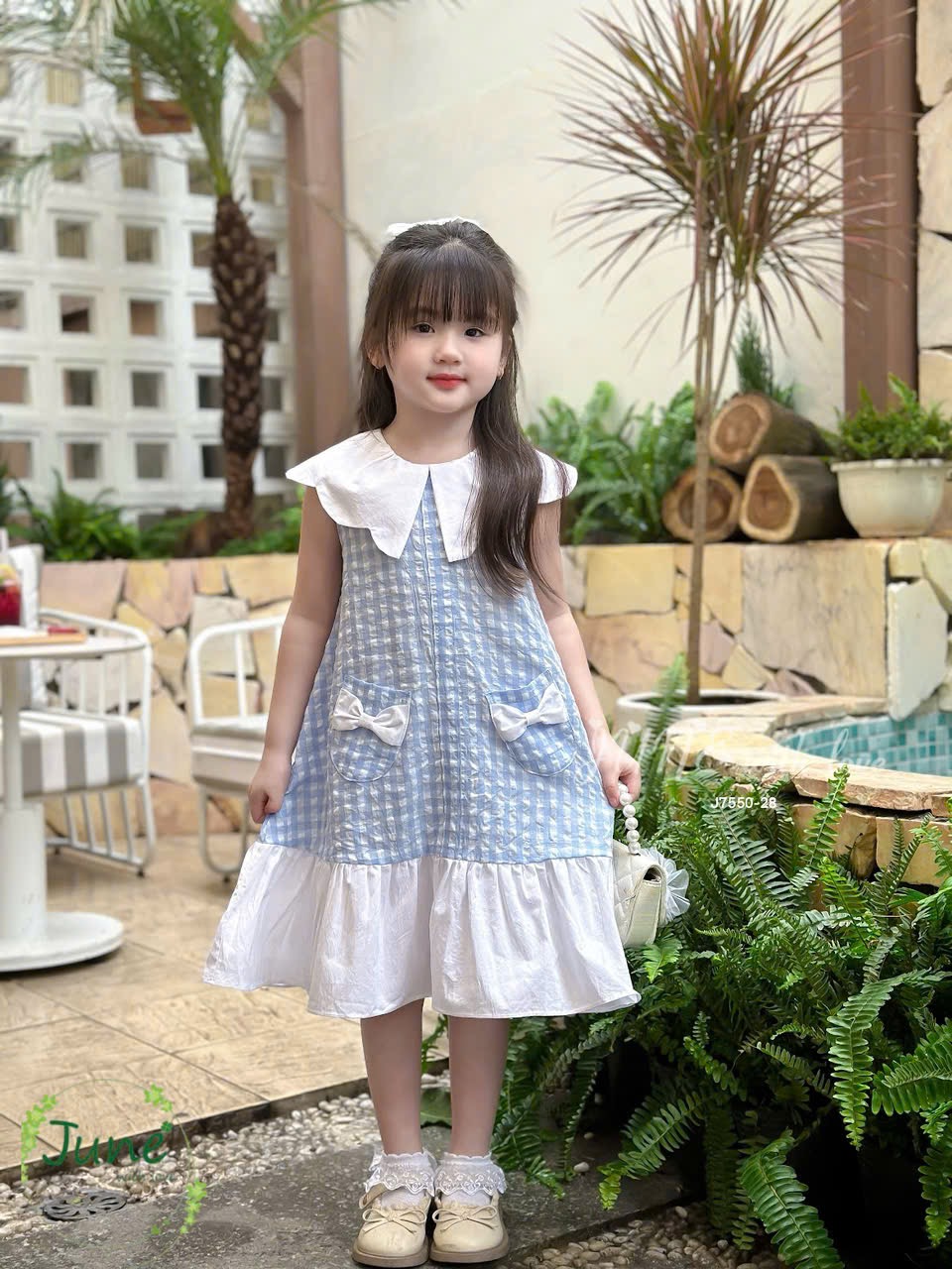 J7550 - Váy kẻ caro xanh June With Love cổ trắng túi nơ bé gái size 2-12y