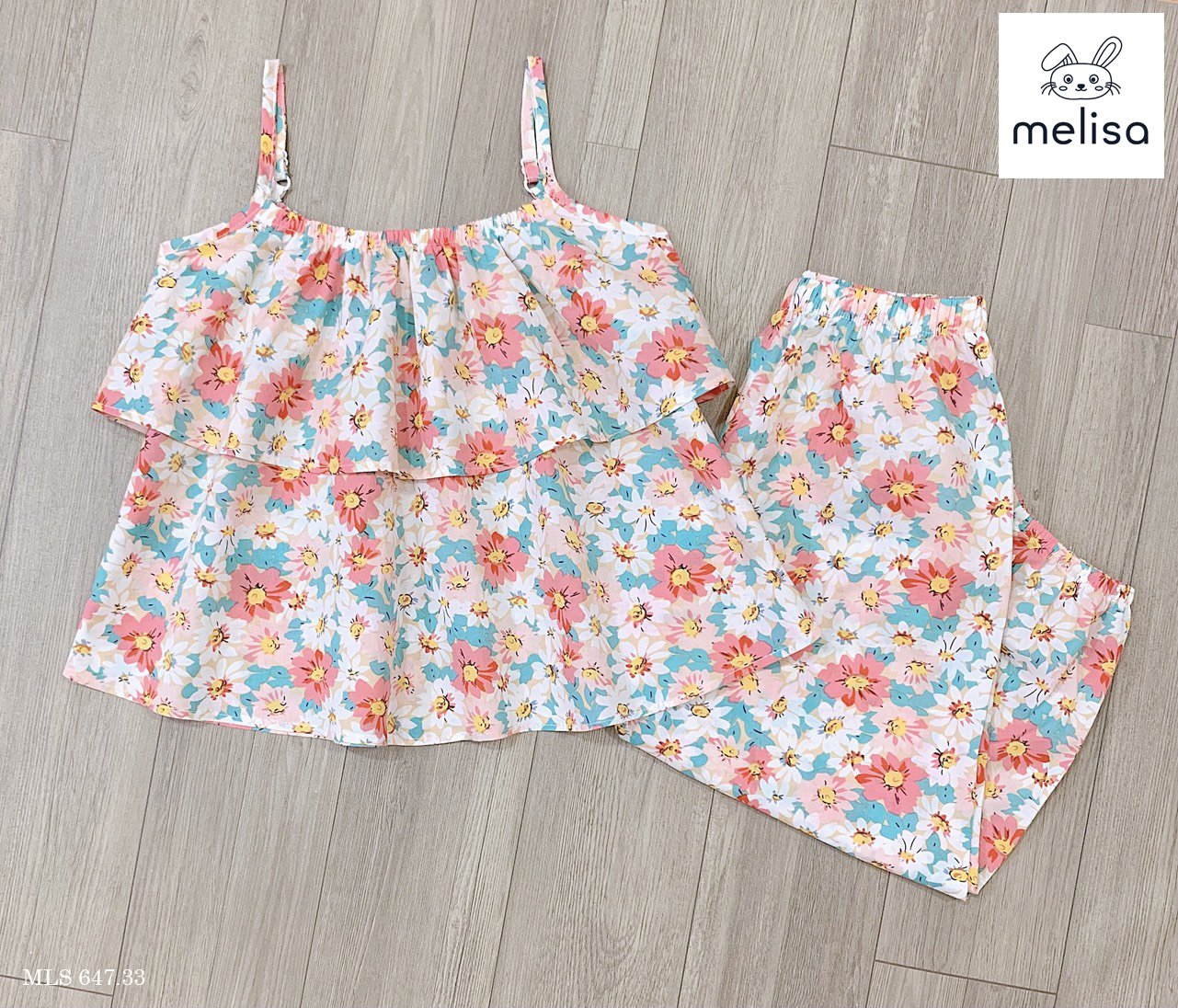 Bộ thô lanh Melisa áo 2 dây xếp bèo - quần boom 2 màu hoa size 2 - 11y