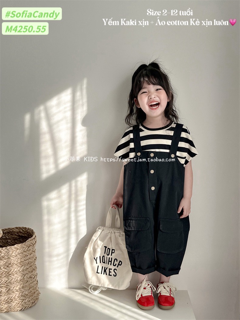 M4250 - Set yếm Mia Kids kaki đen phối áo kẻ size 2-12y