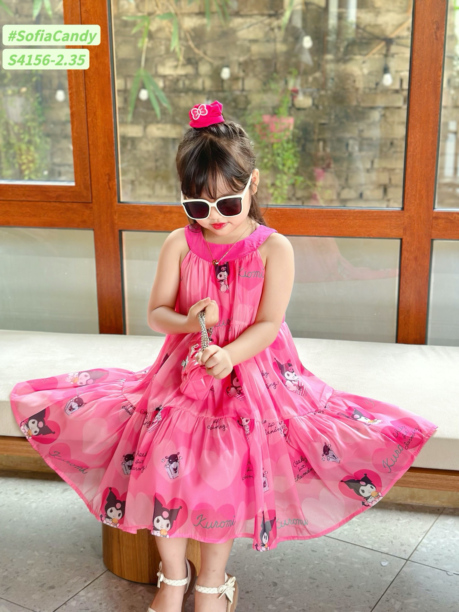 S4156 - Váy Sofia Candy vải tơ kuromi 2 màu hồng/tím in tràn cổ yếm size 1-10y