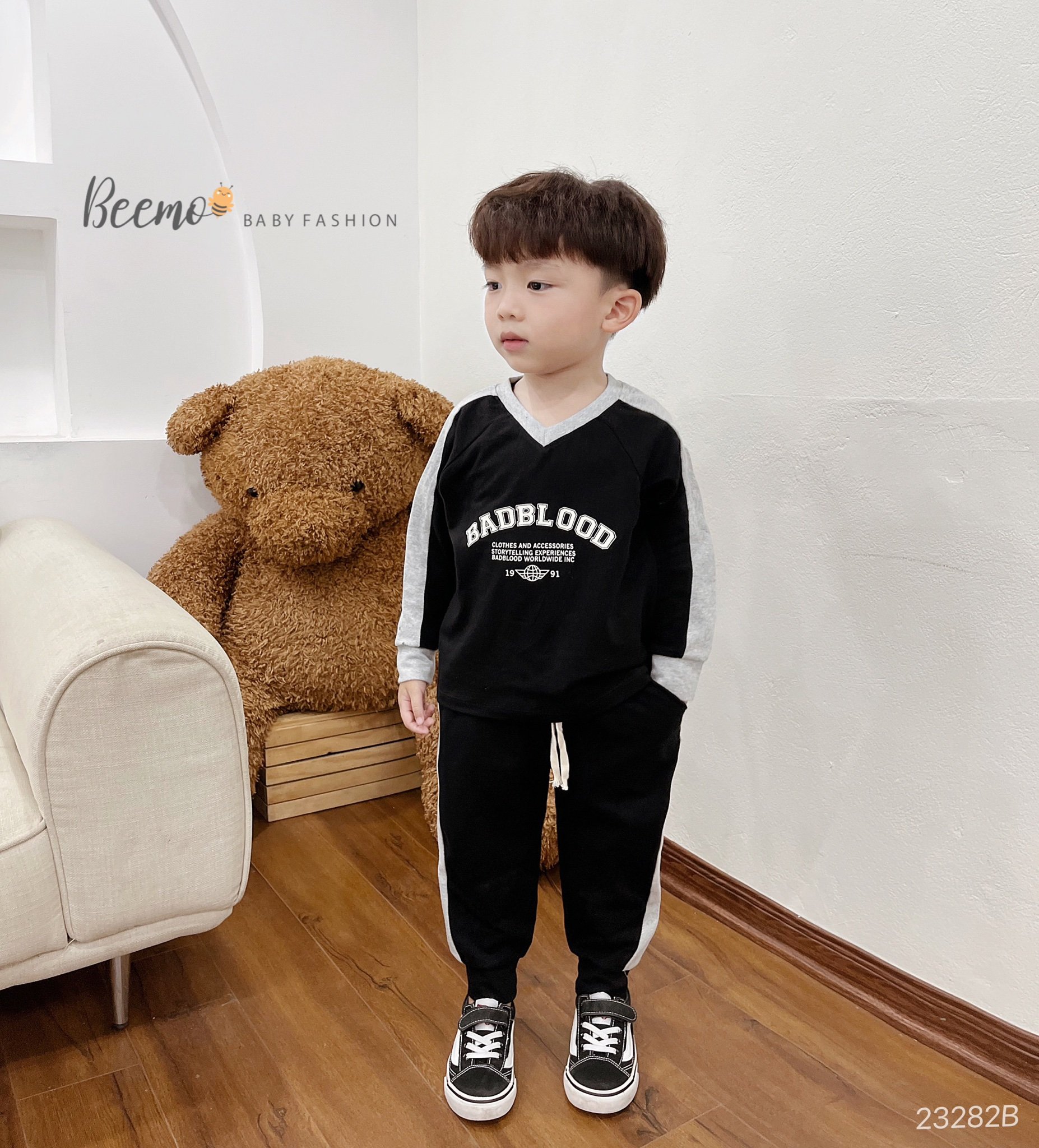 Bộ cotton Beemo cổ tim BADBLOOD 2 màu đen / ghi size 80 - 130