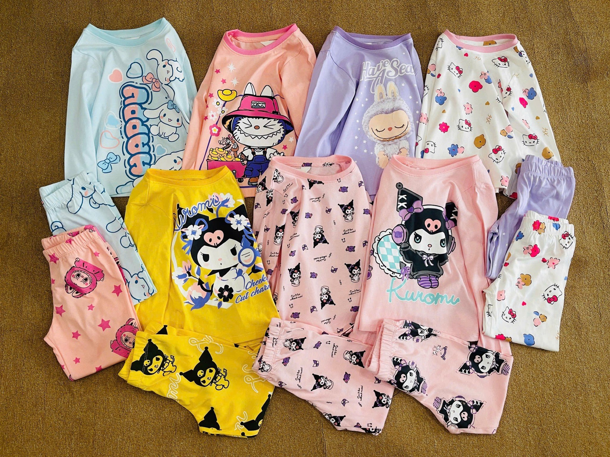 Bộ cotton HM nhiều hình Bé Gái Kuromi, Cinnamoroll, Kitty, Labubu size 2 - 10y (Bảng màu 2)