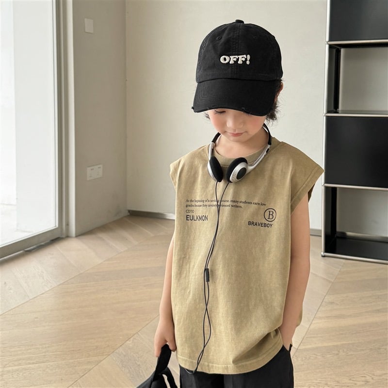 Áo thun sát nách QC vải wash 2 màu ghi/nâu be bé trai size 110-170