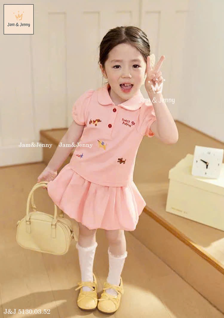 JJ 5130 - Bộ Jam & Jenny áo cotton cổ sen nhiều hoạ tiết + chân váy bí màu hồng size 2-12y