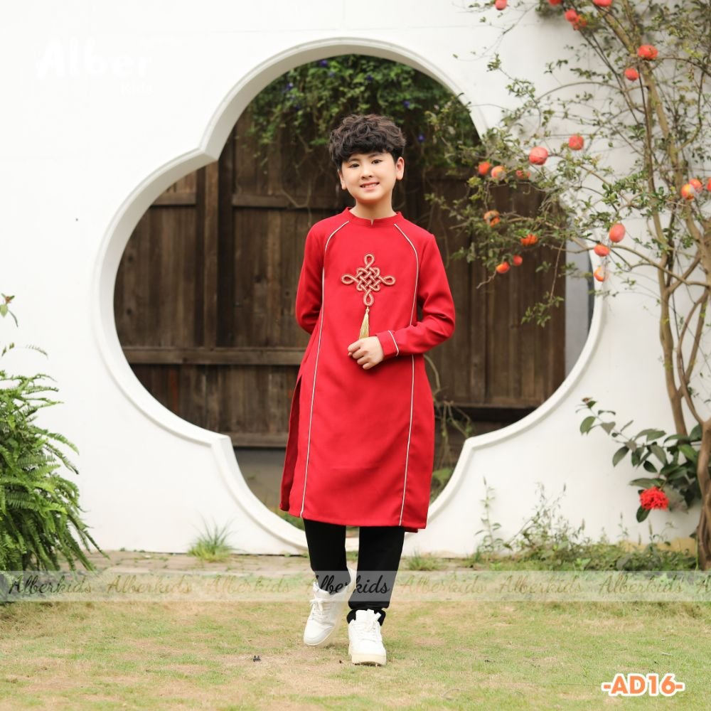 Áo dài nhung Alberkids đính ngực 2 màu vàng / đỏ size 110 - 160