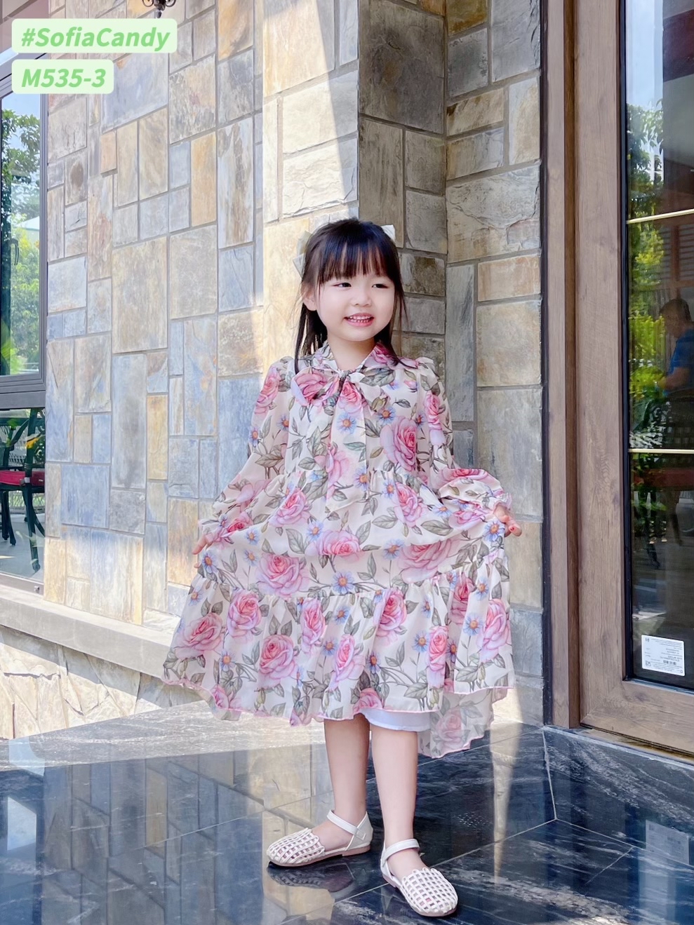 Váy voan tơ dài tay buộc nơ cổ 10 màu hoa