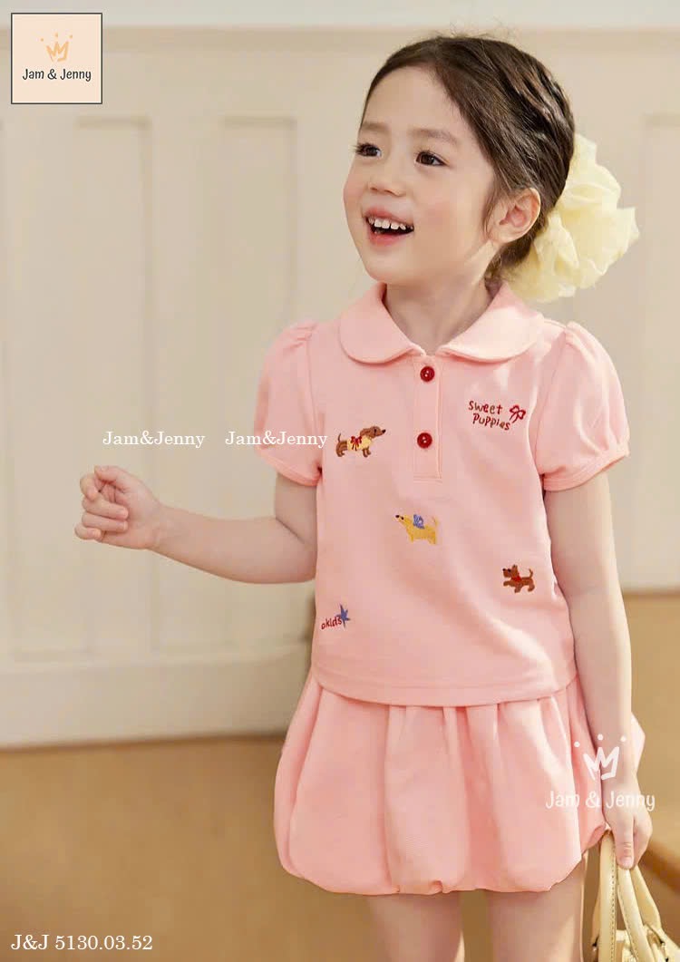 JJ 5130 - Bộ Jam & Jenny áo cotton cổ sen nhiều hoạ tiết + chân váy bí màu hồng size 2-12y
