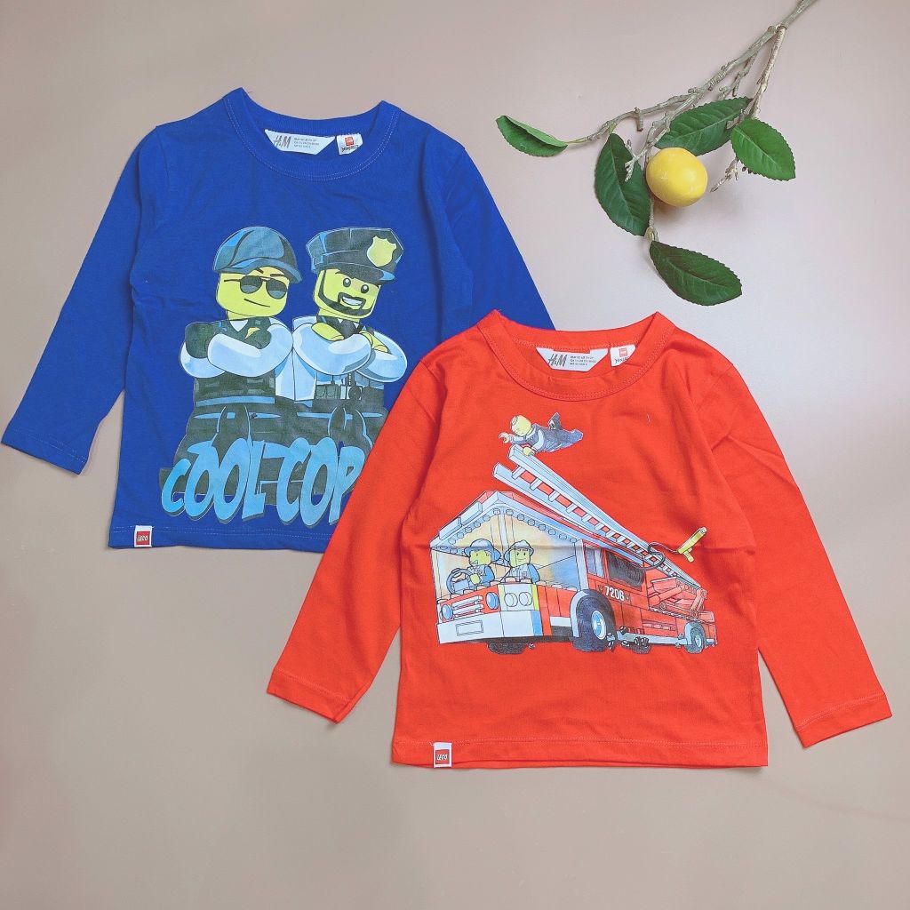 Áo cotton dài tay H&M bé trai - Hình Lego xanh coban / đỏ