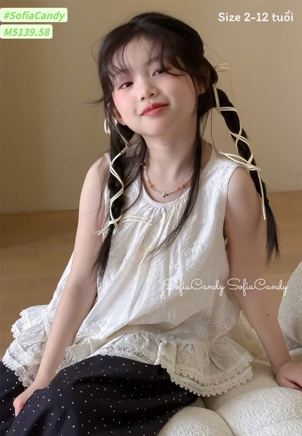 M5139 - Set bộ Mia Kids áo be thêu + quần linen đen chấm bi bé gái size 2-12y