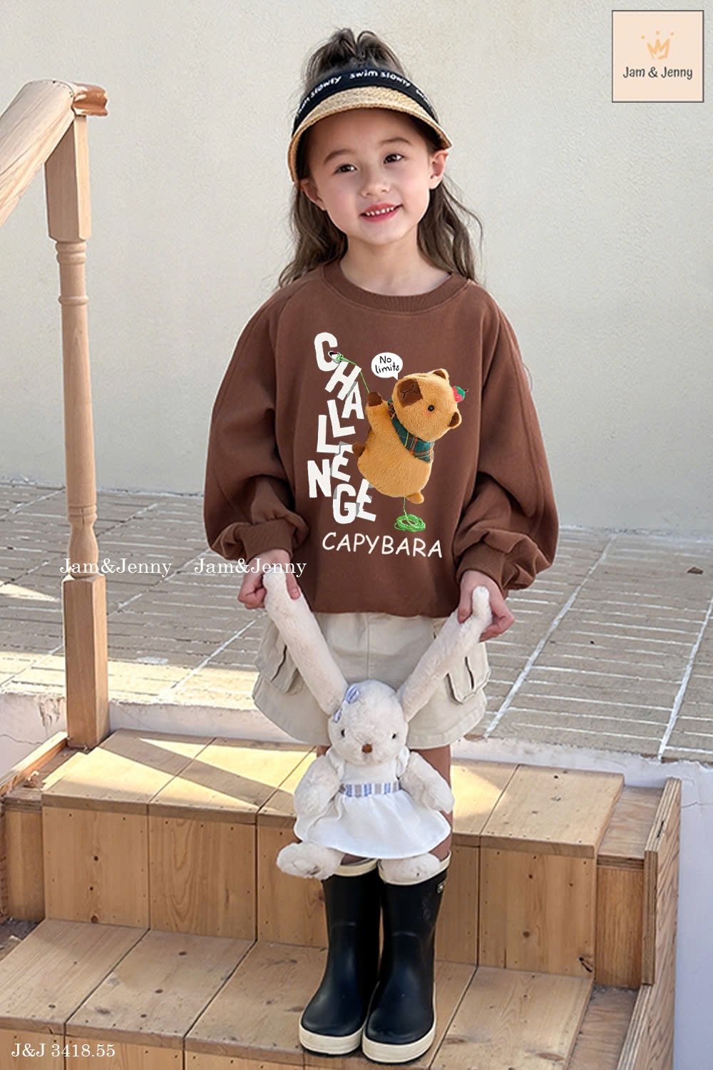 JJ 3418 - Bộ nỉ Jam & Jenny Capy Bara áo nâu + chân váy túi hộp bé gái size 2-12y