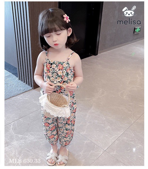 Bộ thô lanh Melisa áo 2 dây xếp bèo - quần boom 2 màu hoa size 2 - 11y