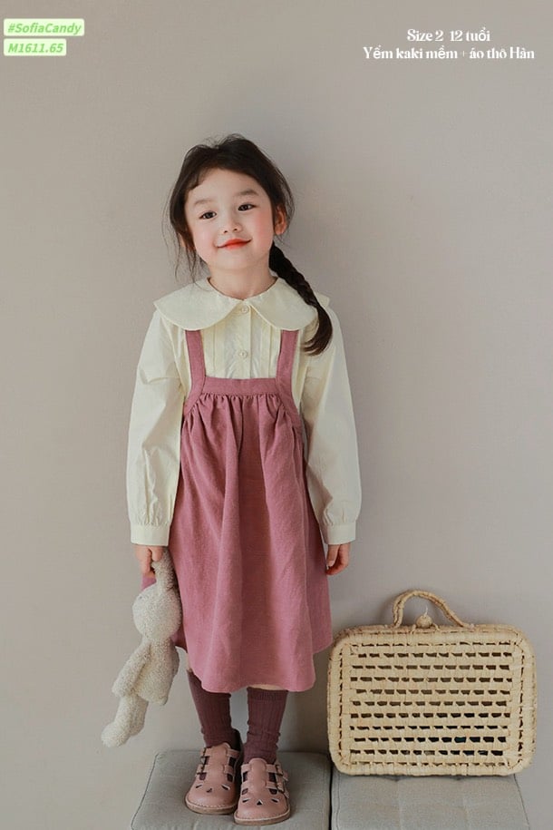 Set Sofia Candy áo sơ mi vàng kem - váy yếm hồng vỏ đỗ size 2 - 12y
