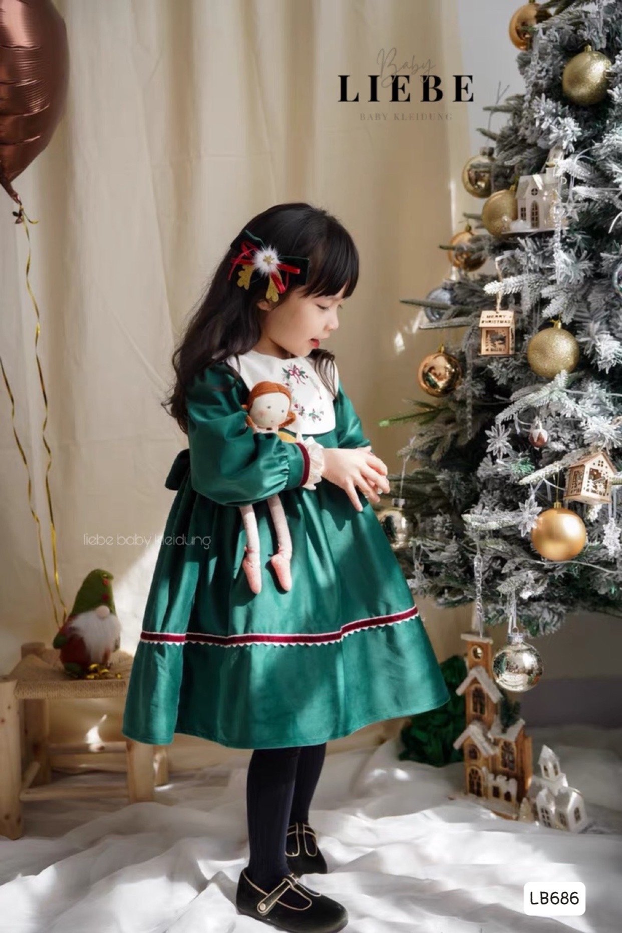 Váy nhung Liebe màu xanh cổ trắng BG size 2-11y