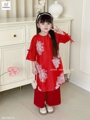MLS 3686 - Áo dài Melisa màu đỏ thêu hoa cúc nổi bé gái size 2-12y