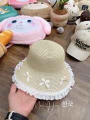 Mũ cói viền bèo đính nơ vành lưỡi trai rộng 2 màu bé gái size 6-14y