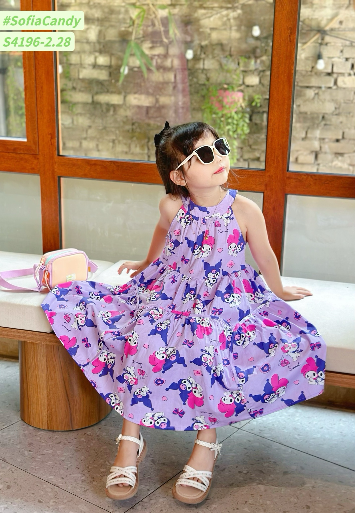 S4196 - Váy Kuromi Sofia Candy màu tím in tràn phối cổ yếm BG size 1-10y