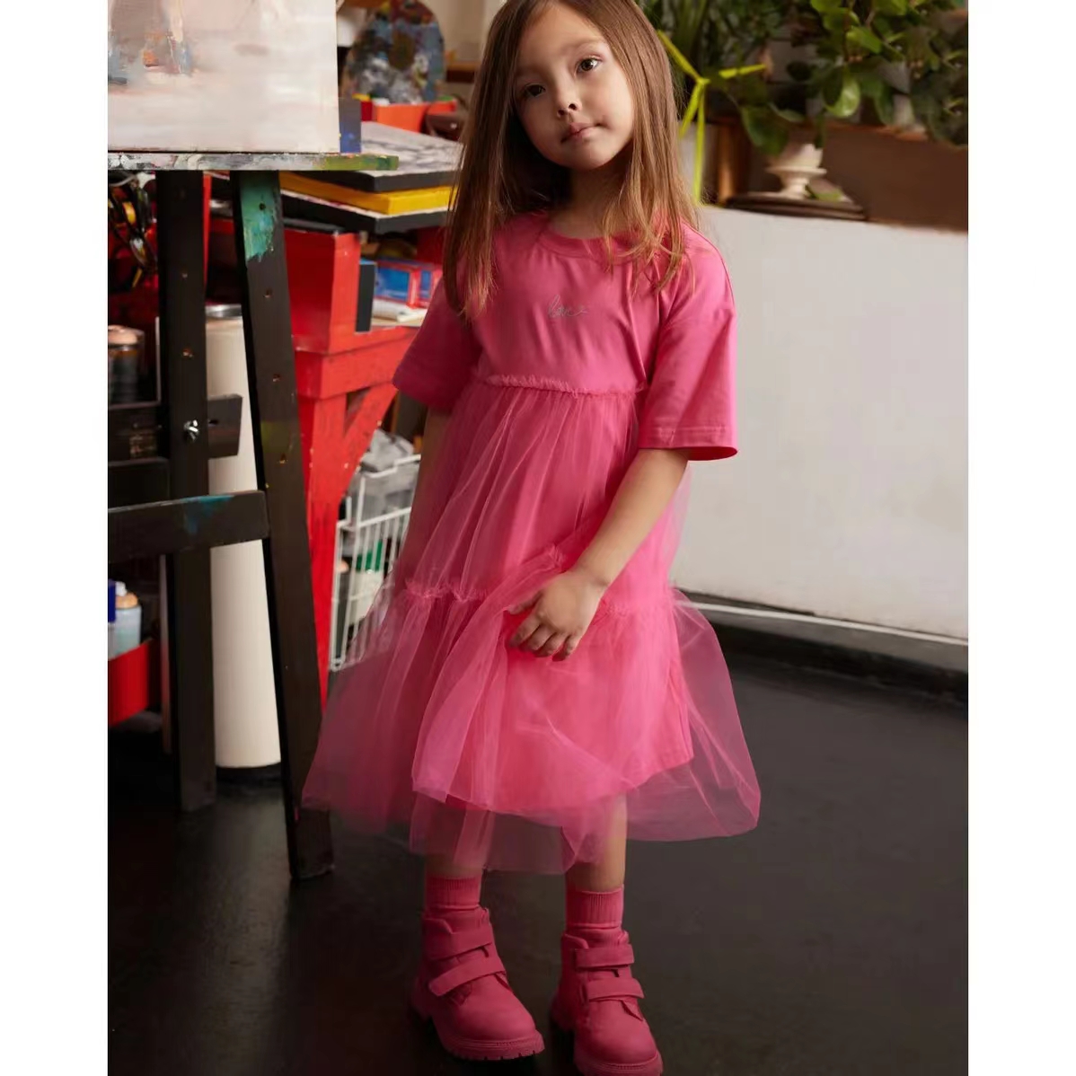 Váy cotton phối ren mềm màu hồng đậm BG size 98-122