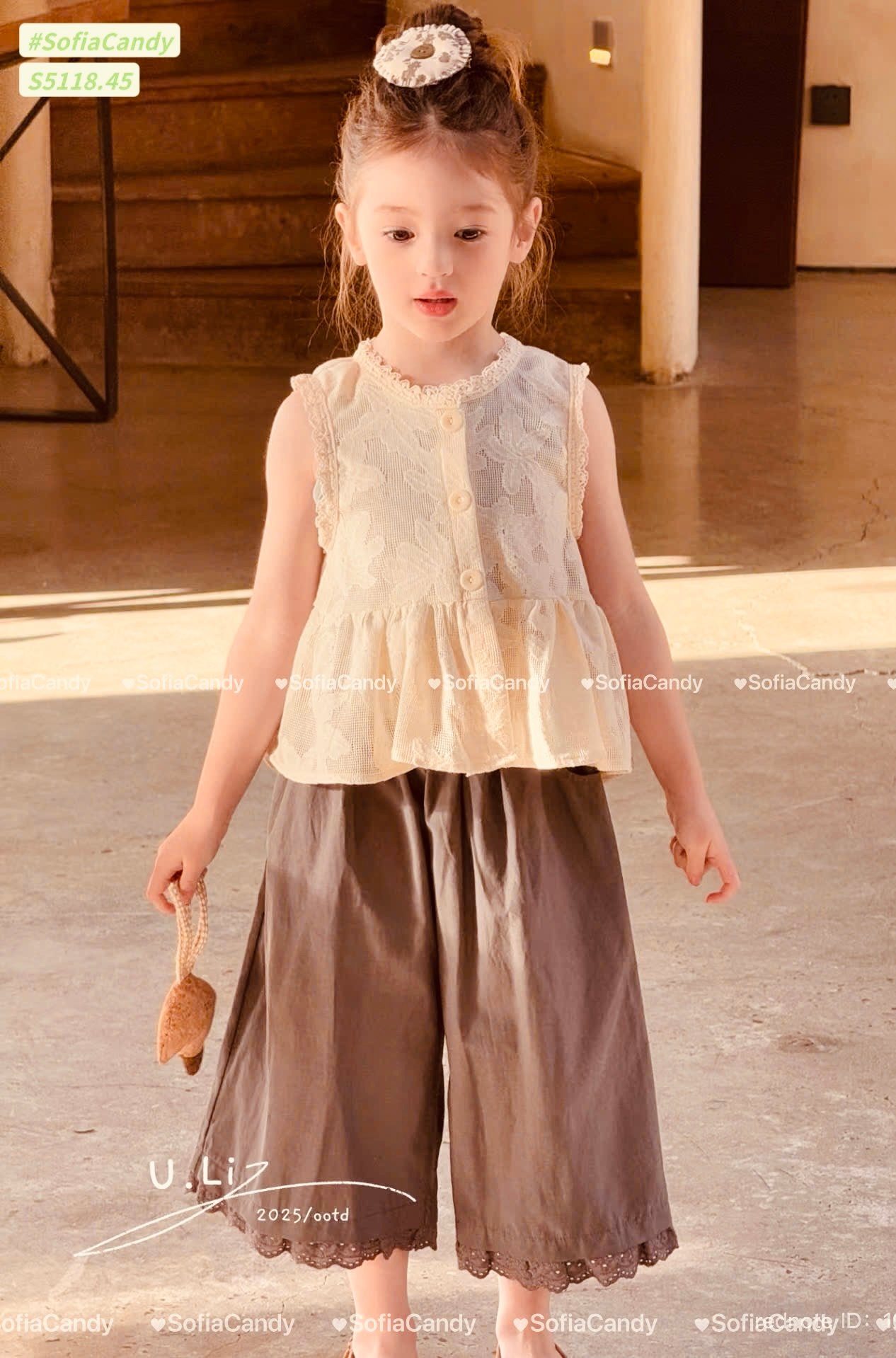 S5118 - Set bộ Sofia Candy áo thêu hoa màu kem + quần nâu bé gái size 1-10y