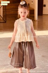 S5118 - Set bộ Sofia Candy áo thêu hoa màu kem + quần nâu bé gái size 1-10y