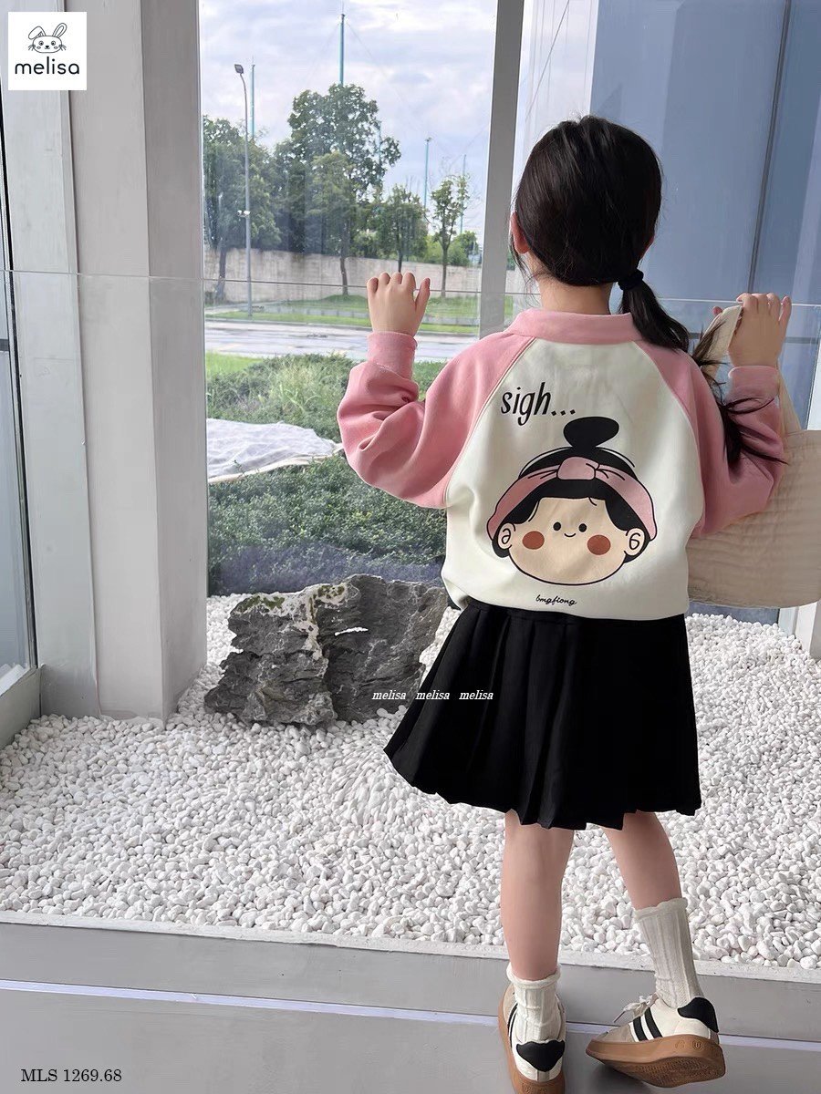 Set Melisa áo trắng phối hồng in hình bé gái - chân váy xếp li đen size 2 - 12y