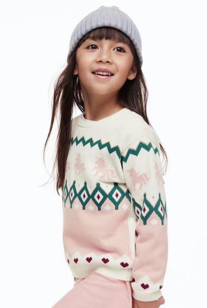 Áo len HM màu kem pony hồng phối họa tiết xanh rêu size 2 - 10y