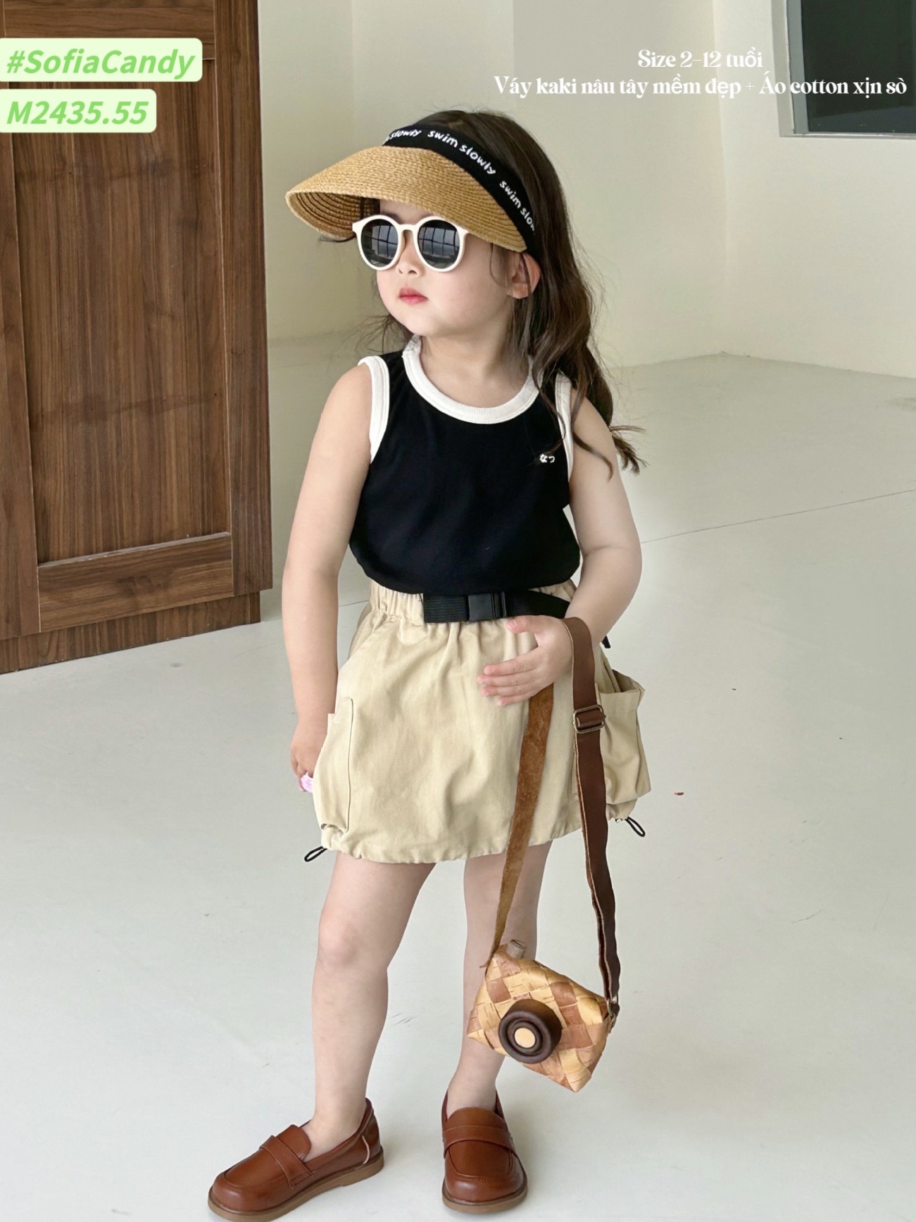 Set Mia Kids áo ba lỗ đen viền trắng - chân váy be túi hộp liền quần size 2 - 12y