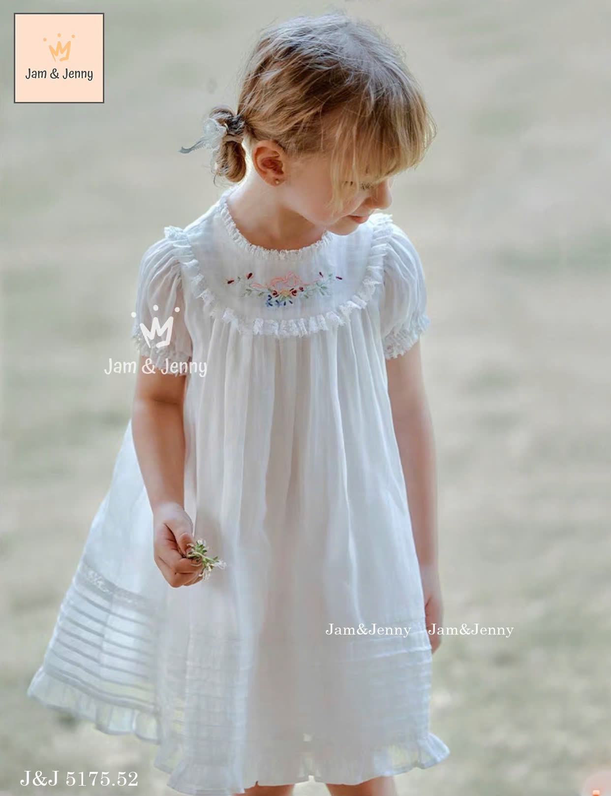 JJ 5175 - Váy Jam & Jenny vải thô trắng thêu hoa nơ bé gái size 2-12y