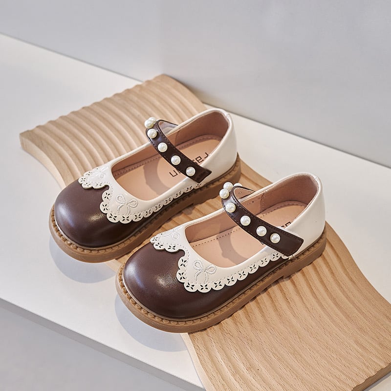 MQF812 - Giày mary jane búp bê đính hạt 2 màu nâu, kem cho bé size 23-34
