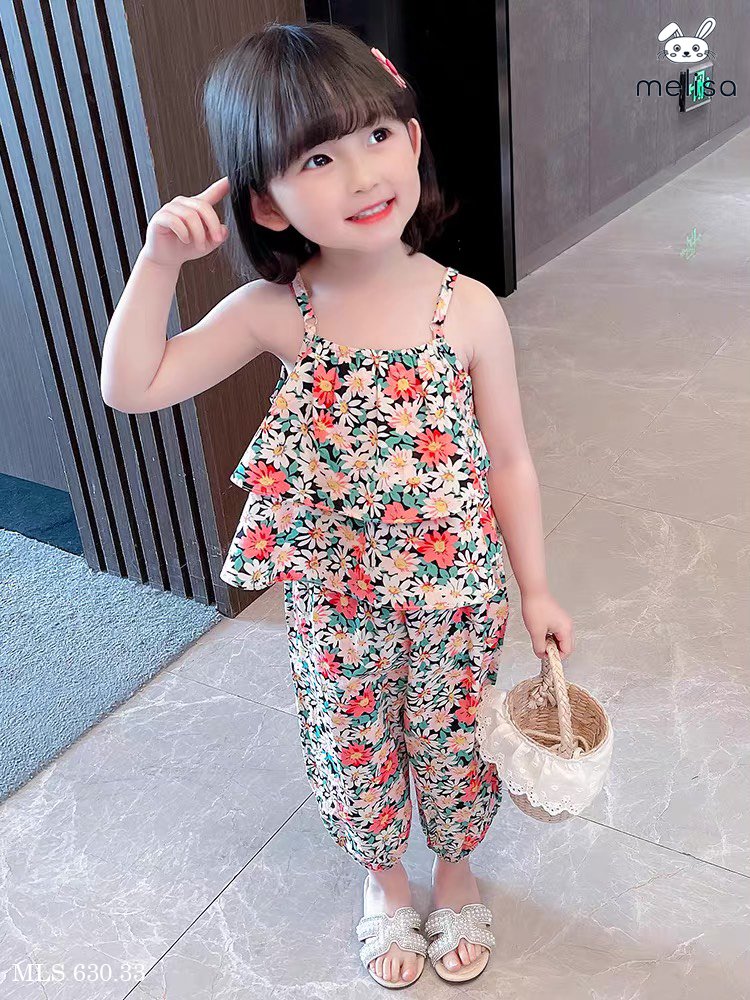 Bộ thô lanh Melisa áo 2 dây xếp bèo - quần boom 2 màu hoa size 2 - 11y