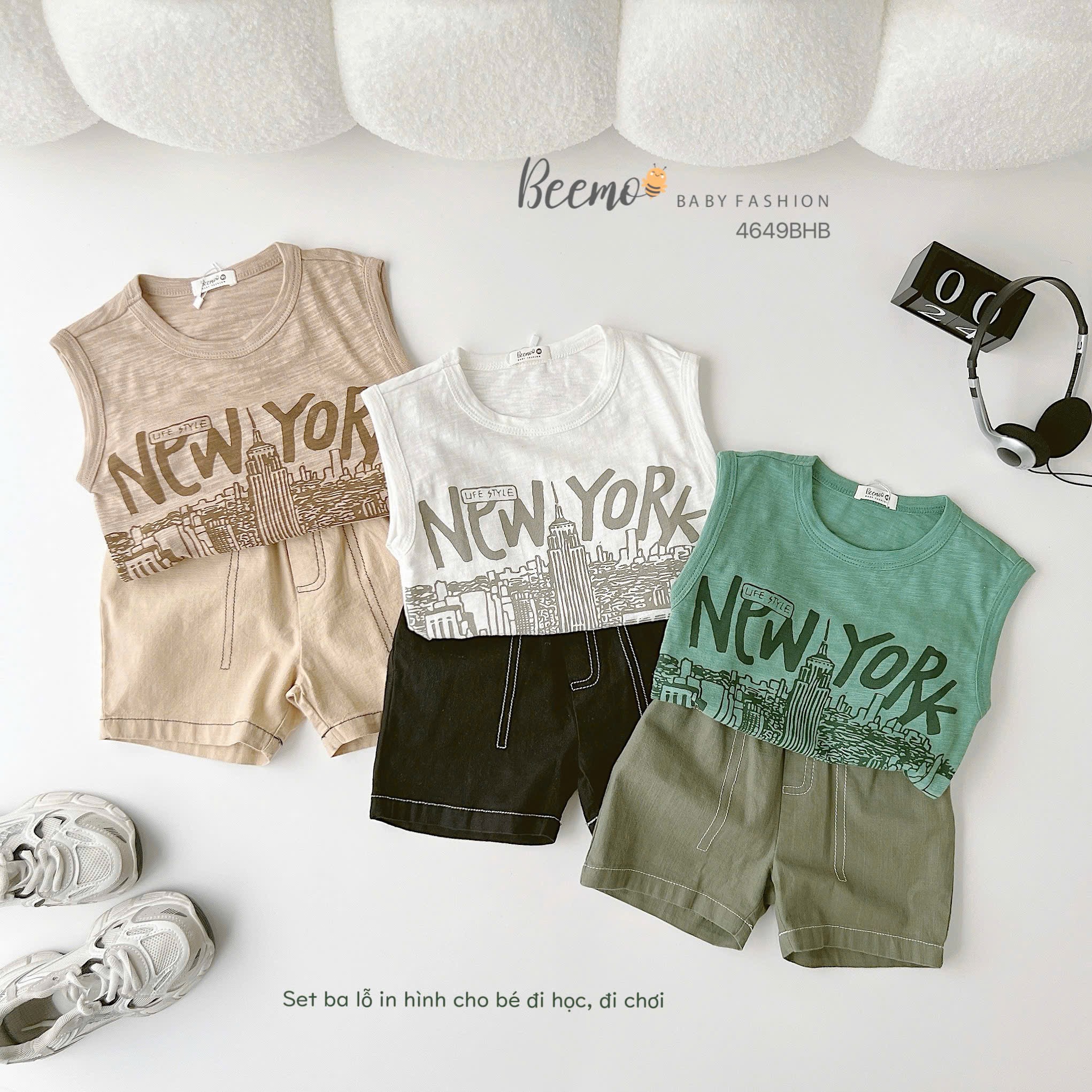 Bộ Beemo áo sát nách in hình New York City 3 màu bé trai size 80-130