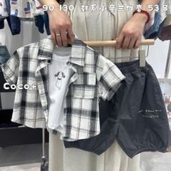 HSK - 2504 - Set 3ct QC áo sơ mi kẻ + áo sát nách + quần kaki bé trai size 90-130