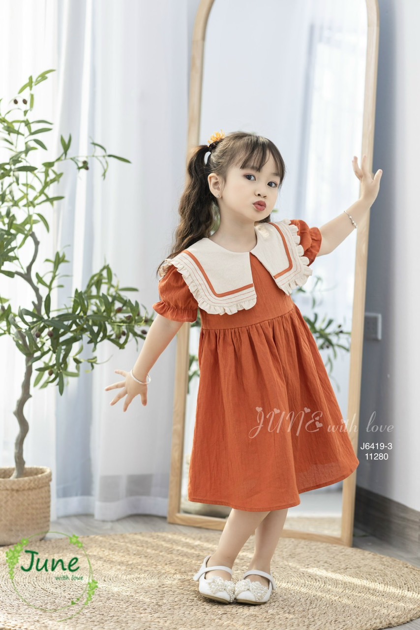 Váy June thô cara trơn màu phối cổ vuông bèo 3 màu size 1-10y