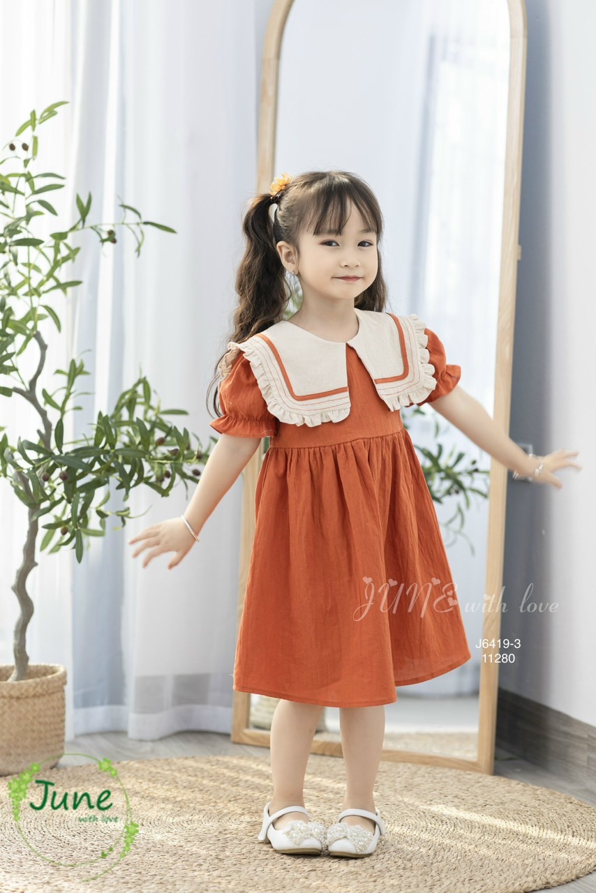 Váy June thô cara trơn màu phối cổ vuông bèo 3 màu size 1-10y