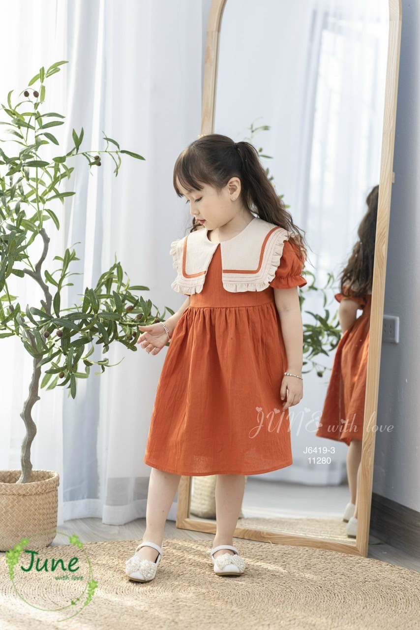 Váy June thô cara trơn màu phối cổ vuông bèo 3 màu size 1-10y