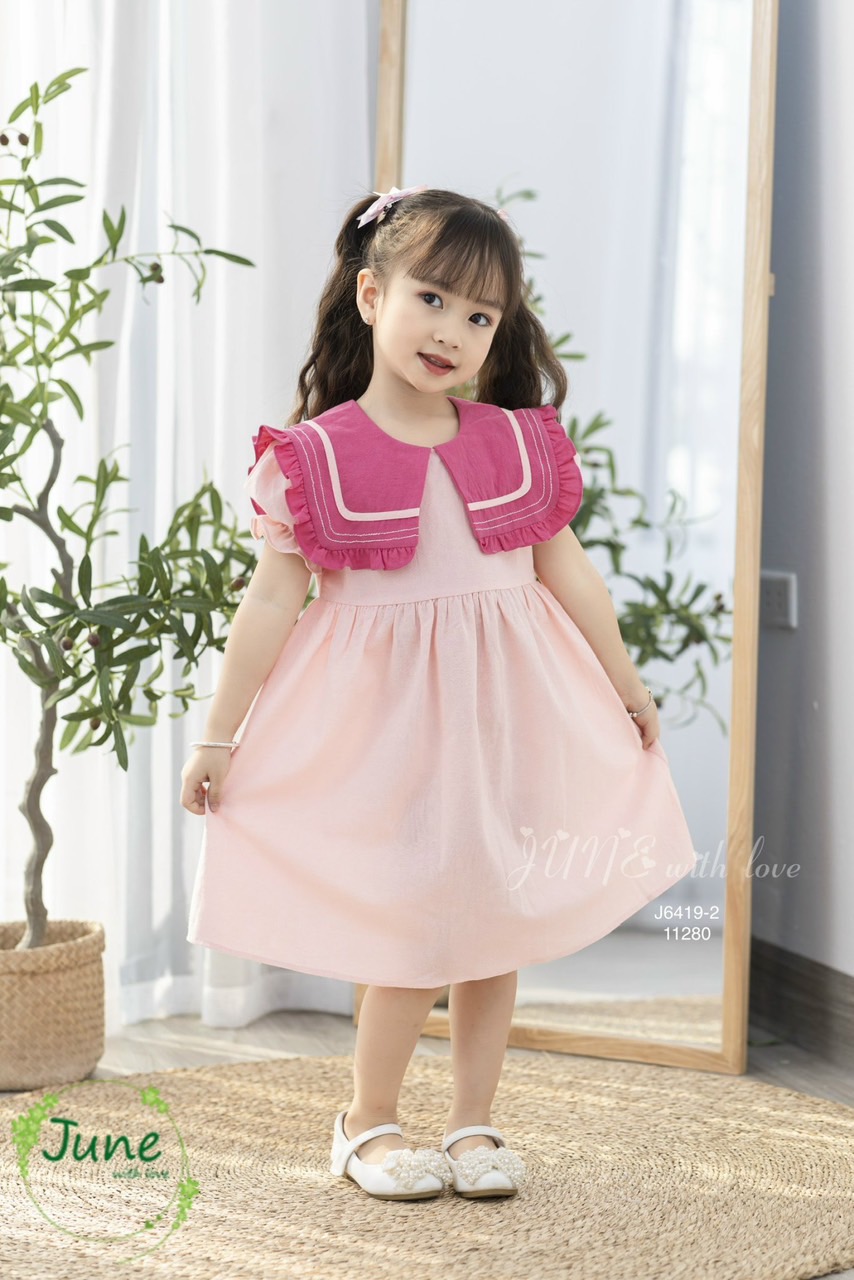 Váy June thô cara trơn màu phối cổ vuông bèo 3 màu size 1-10y