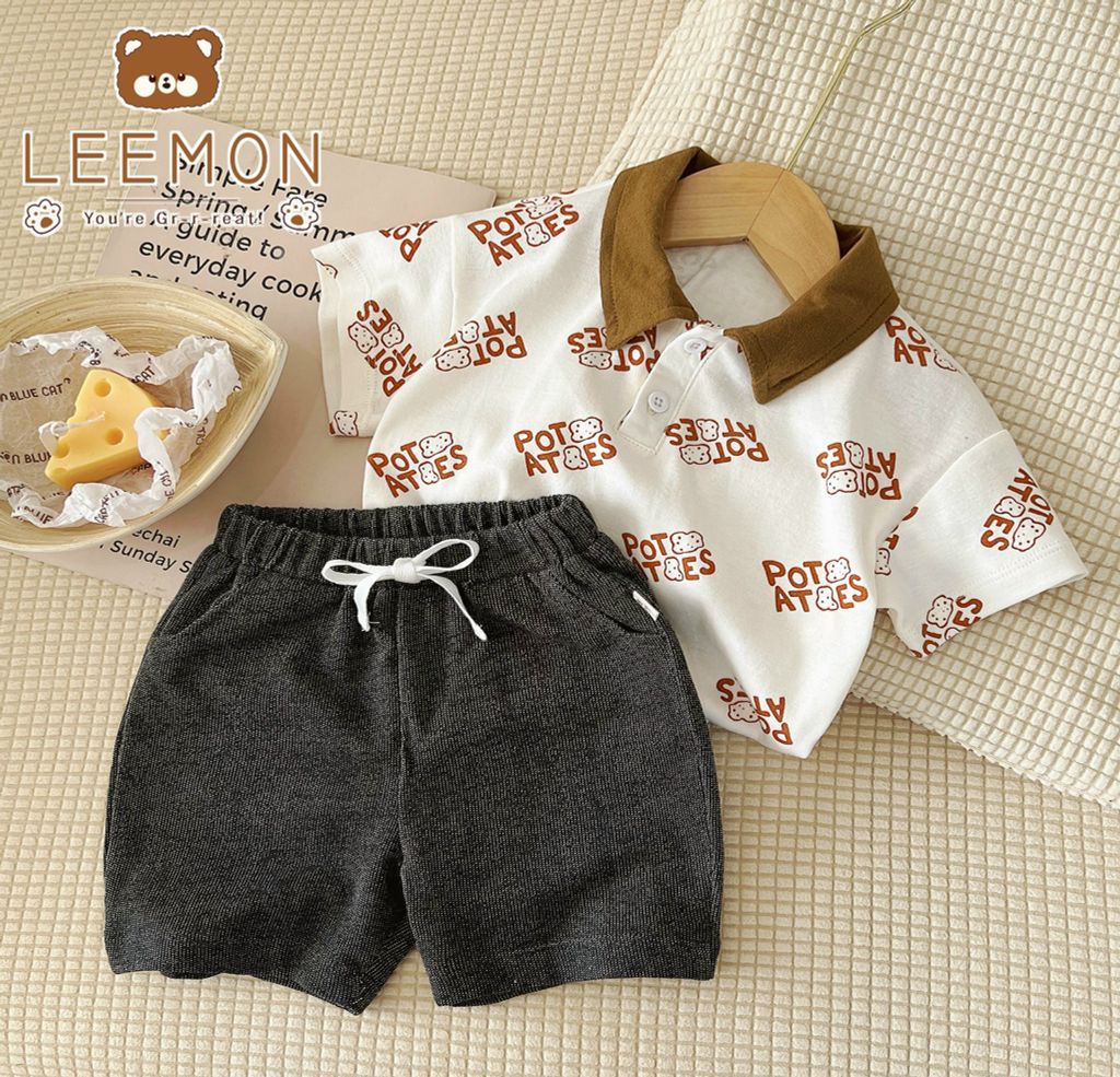 Bộ cotton Beemo trắng Potatoes phối cổ nâu BT size 80-130