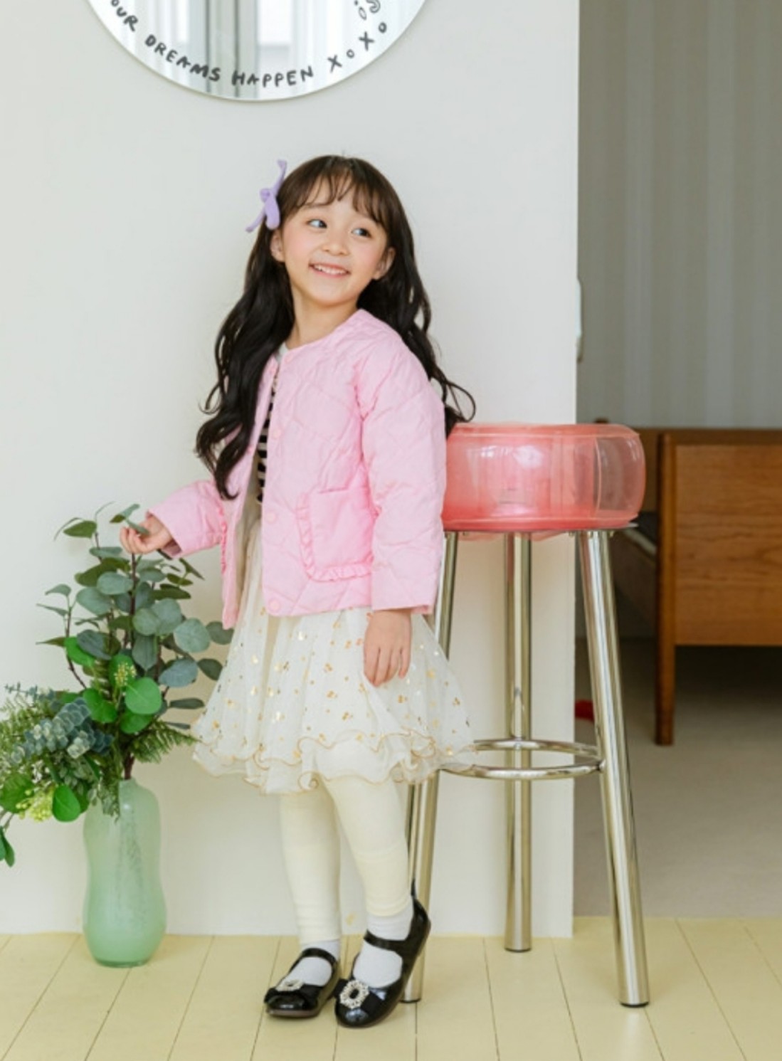 Áo khoác chần trám Little Bobdog hồng cổ tròn túi bèo