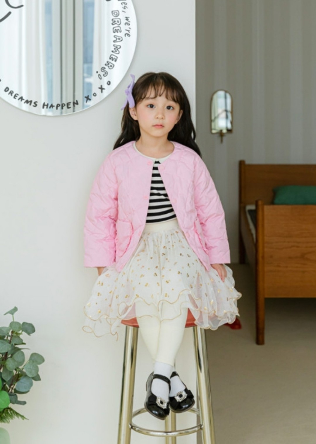 Áo khoác chần trám Little Bobdog hồng cổ tròn túi bèo