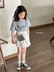 Bộ Sara Min áo ghi Romantic nơ + chân váy trắng BG size 2-12y