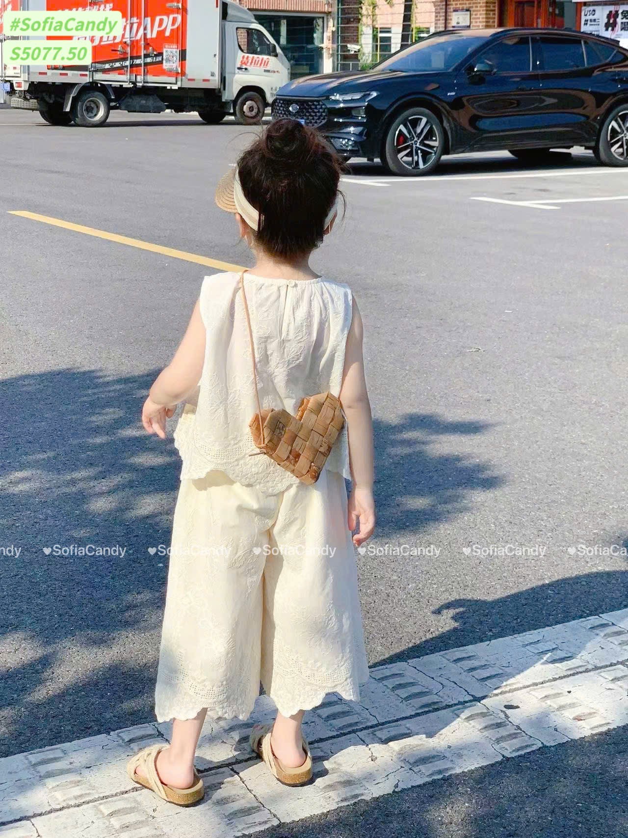 S5077 - Bộ Sofia Candy vải thô mềm thêu màu trắng cho bé gái size 1-10y
