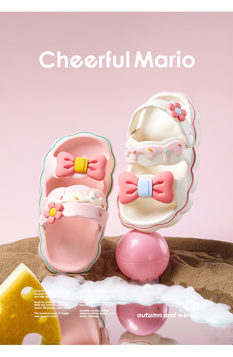 Sandal nhựa mềm Mario hoạ tiết nơ hoa 2 màu hồng/kem bé gái size 170-220