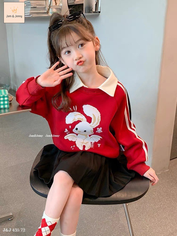 Set Jam&Jenny áo nỉ polo đỏ hình thỏ - chân váy xếp li liền quần đen size 2 - 12y