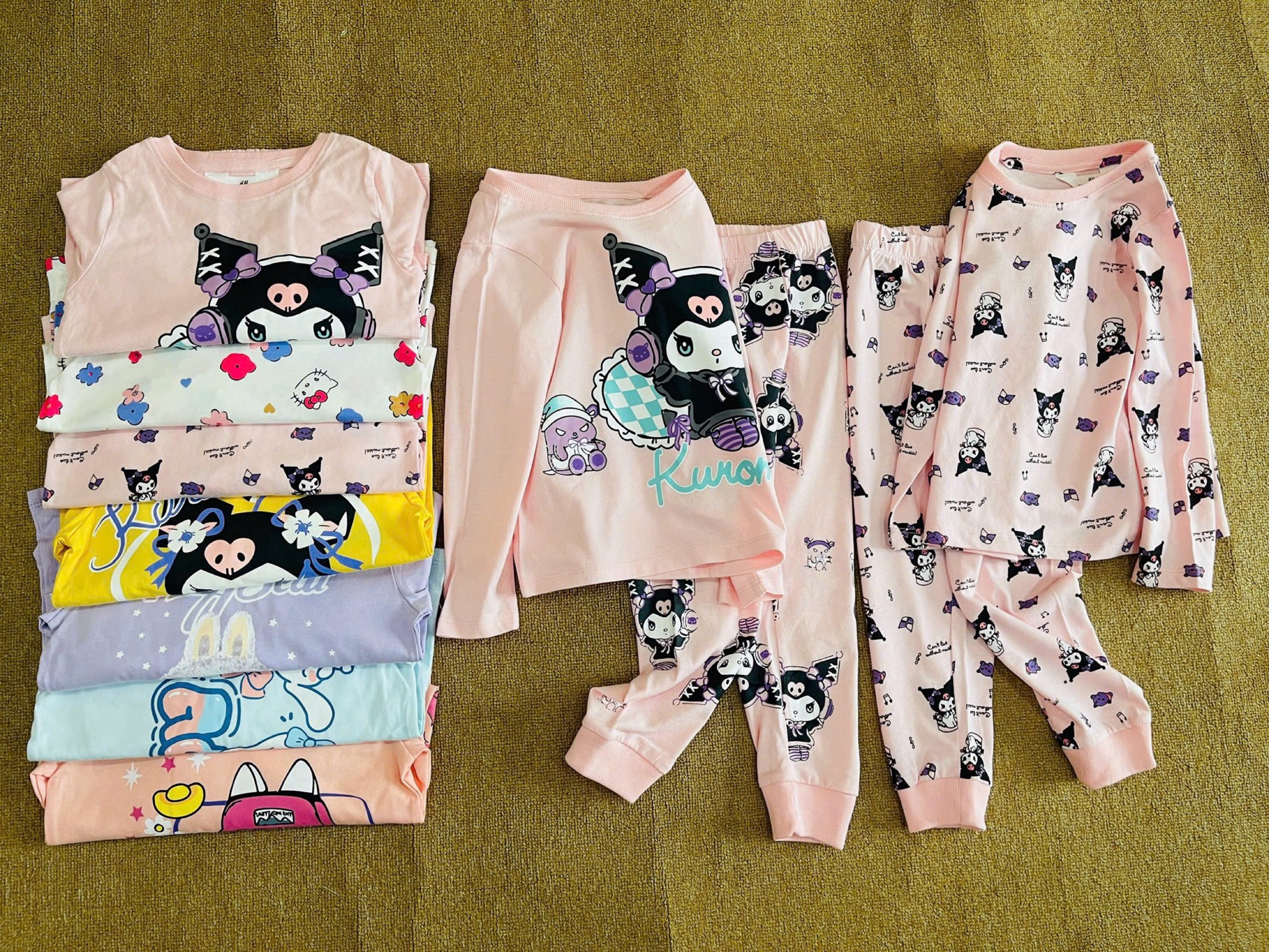 Bộ cotton HM nhiều hình Bé Gái Kuromi, Cinnamoroll, Kitty, Labubu size 2 - 10y (Bảng màu 2)