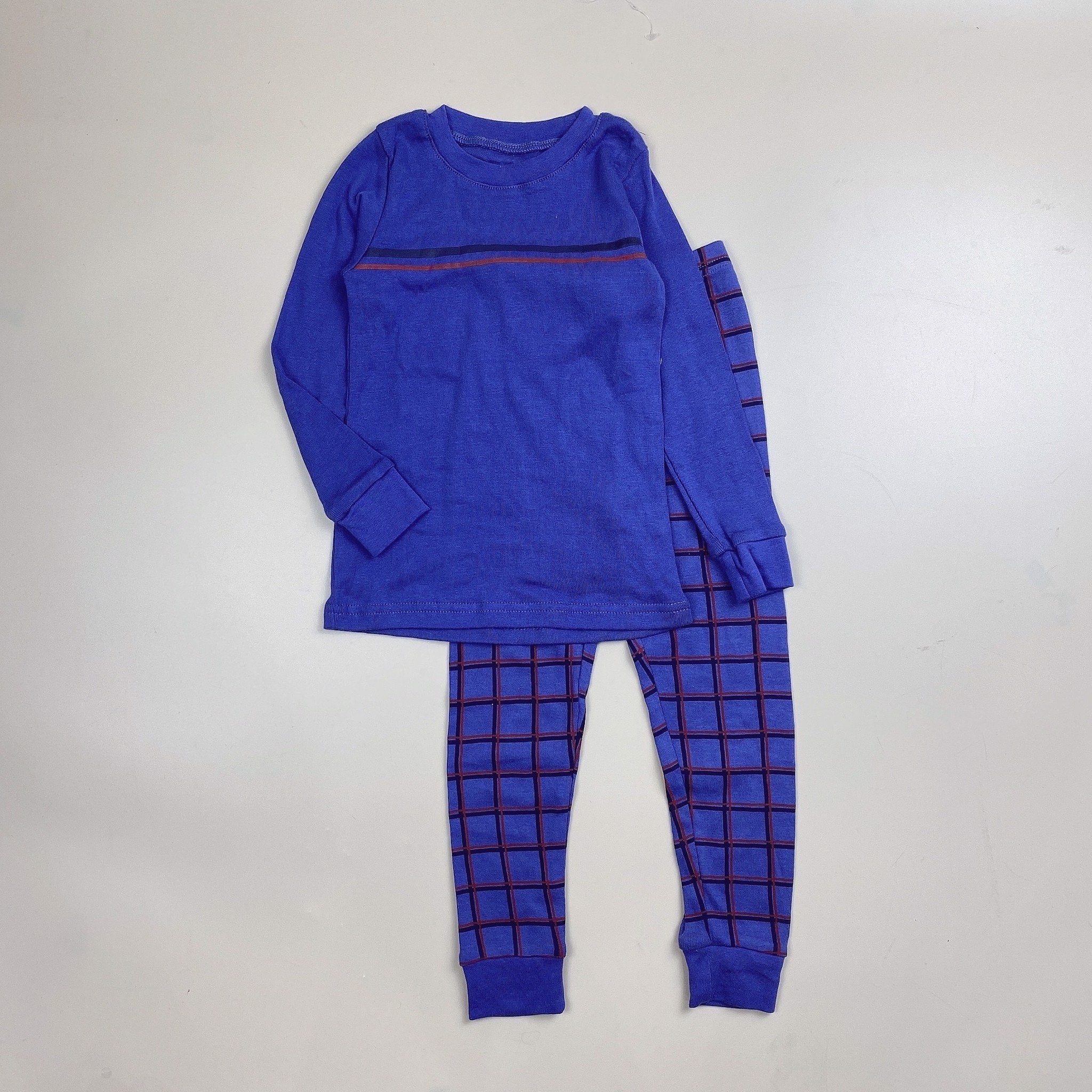 Bộ cotton xuất Hàn Happybus - ngực kẻ ngang 2 màu xanh coban / hồng