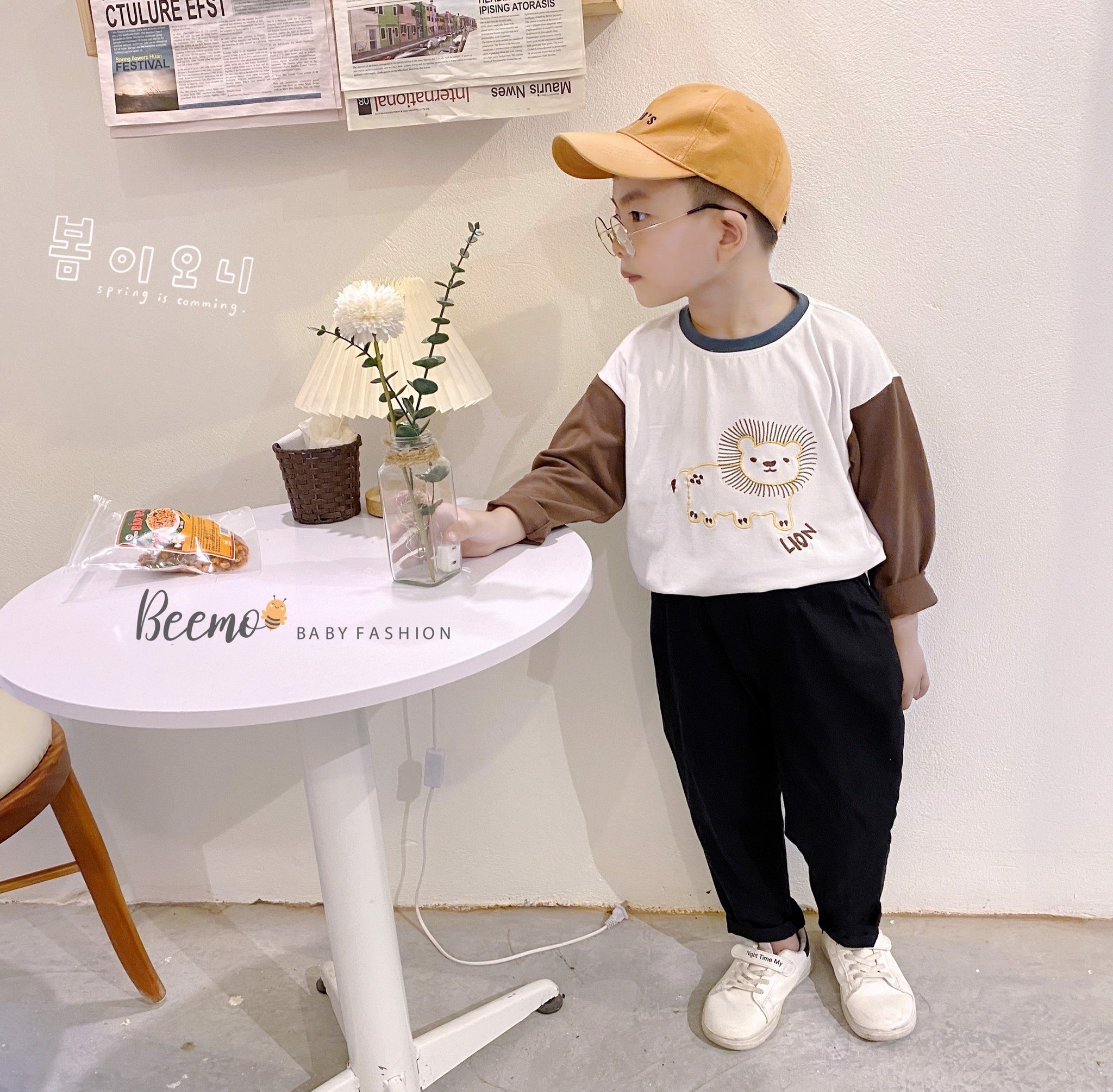 Bộ Beemo áo cotton sư tử / khủng long - quần kaki 2 màu BT 80 - 130