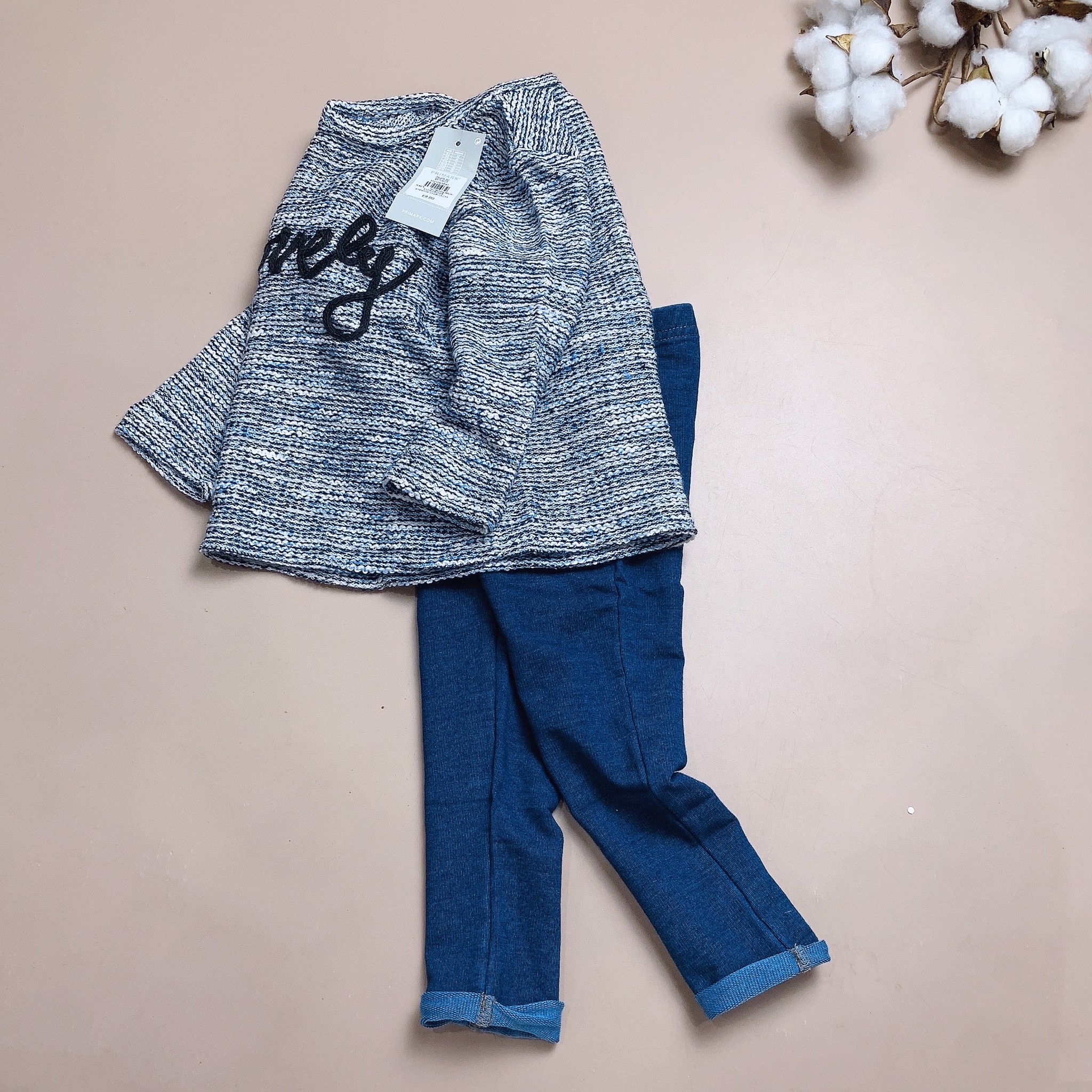 Bộ Primark áo len lovely legging xanh jean BG