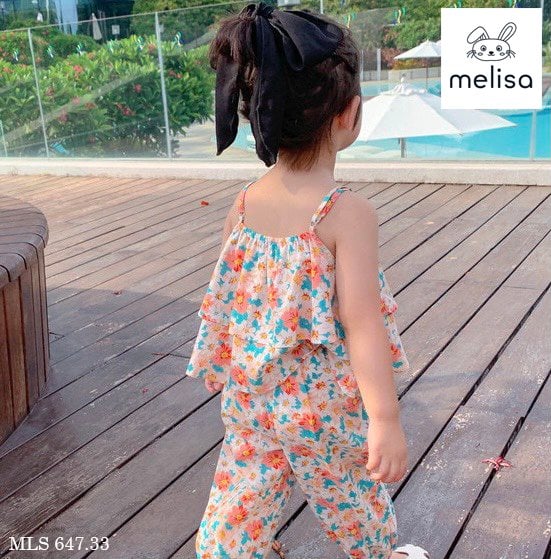 Bộ thô lanh Melisa áo 2 dây xếp bèo - quần boom 2 màu hoa size 2 - 11y