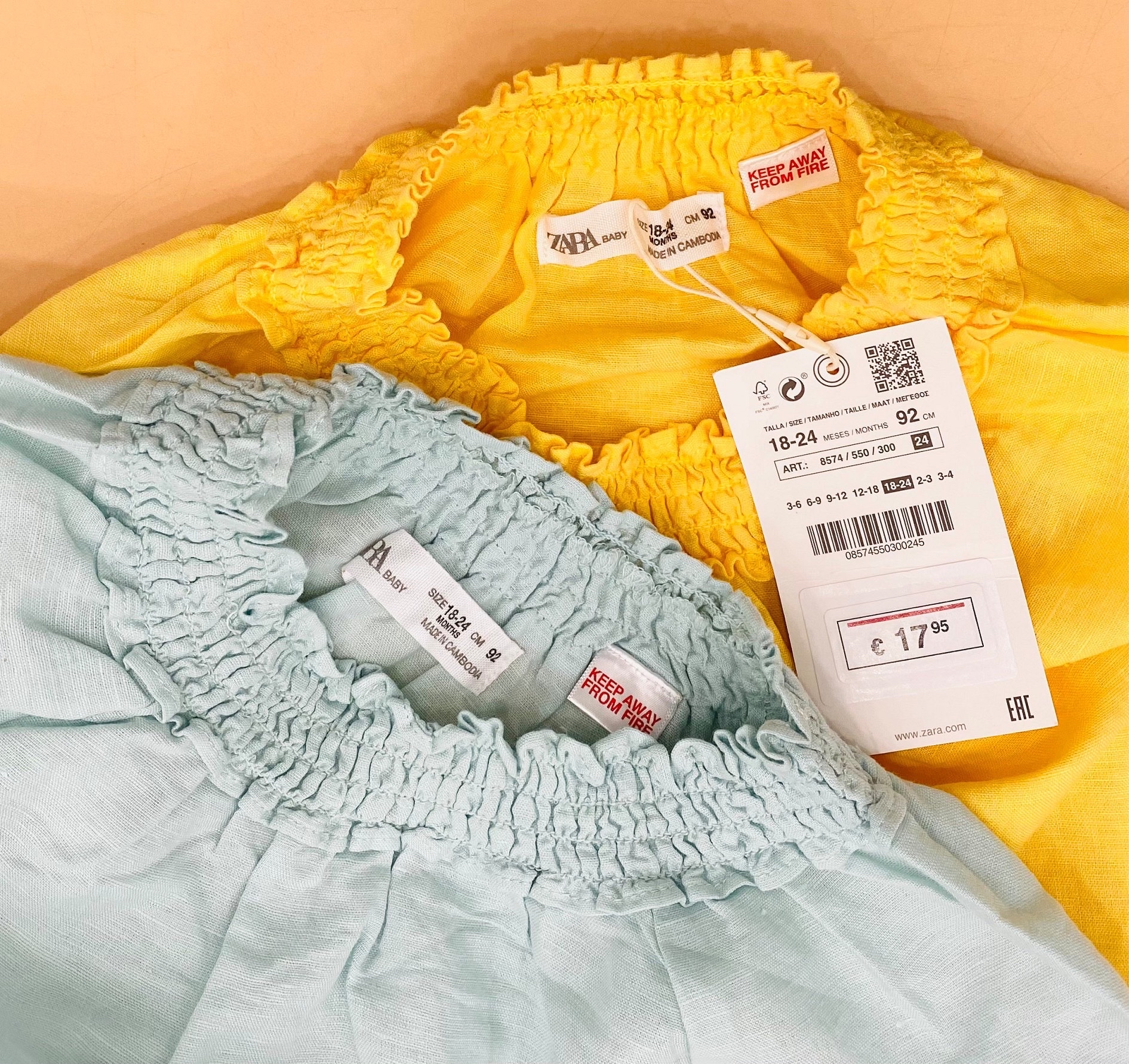 Váy linen Zara cổ nhún chun tay hến 2 màu vàng/xanh mint