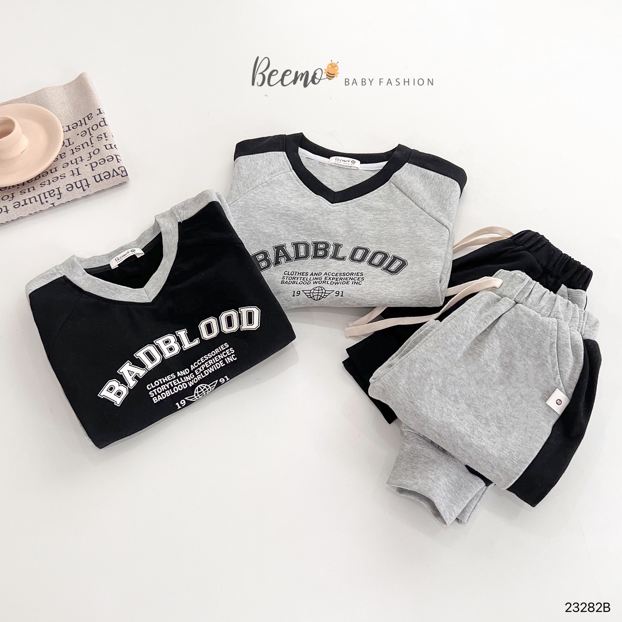 Bộ cotton Beemo cổ tim BADBLOOD 2 màu đen / ghi size 80 - 130