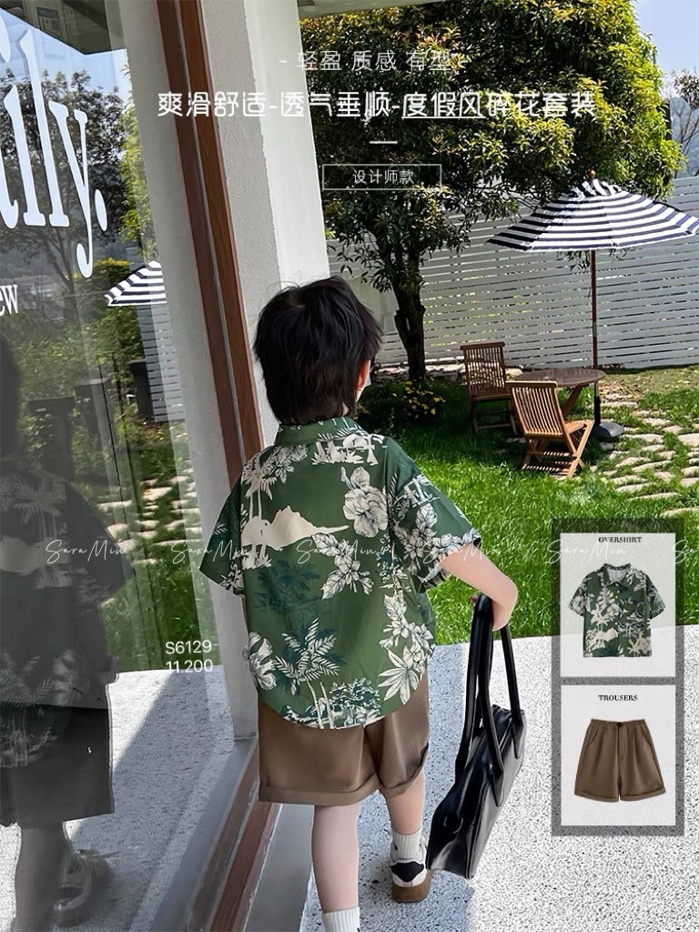 Set đũi Sara Min áo sơ mi xanh rêu hoa kem - quần thô nâu size 1-11y